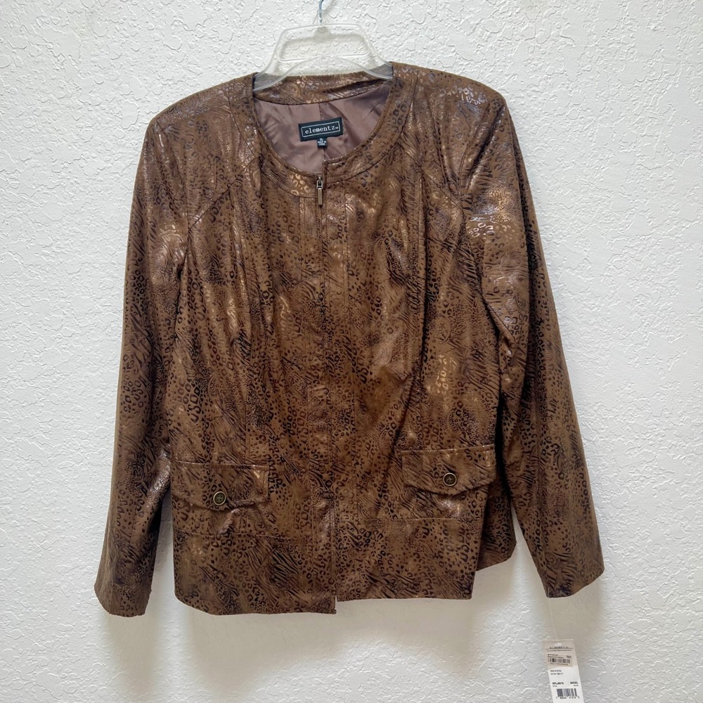 Elementz Womens XL Bronze Faux Leather Leopard Full Zip Jacket Shimmer NEW